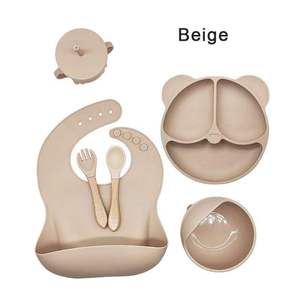 Ensemble d'alimentation pour bébé en silicone en forme d'ours, assiette à ventouse divisée, bavoir, bol, cuillère, fourchette - Product Image 3