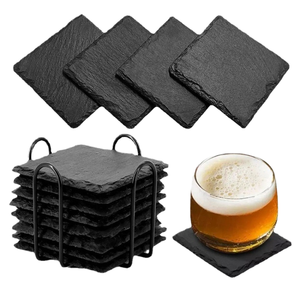 Sous-verres carrés en pierre, 6 mm d'épaisseur, antidérapants, design moderne, pour boissons, noirs, 4x4 pouces, ensemble avec support en métal - Product Image 2