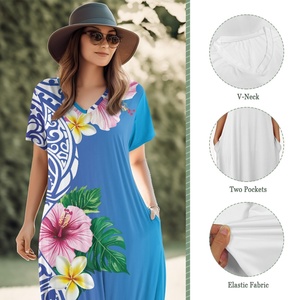 Abito blu polinesiano floreale donna taglie forti Maxi manica corta scollo a V ampio stile Casual autunno autunno abito <span class=keywords><strong>lungo</strong></span> tasche dolce - Product Image 5
