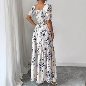 Robe d'été vintage imprimée à col carré et manches courtes pour femme, style transfrontalier Europe États-Unis, nouvelle collection - Product Image 2