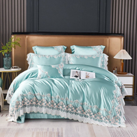 Parure de lit 4 pièces en satin de soie rose de haute qualité avec broderie en dentelle douce, housse de couette et draps pour lits Queen et King