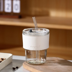 Taza de café de vidrio con cubierta de cuero multicolor y logotipo personalizado, taza de café de 15 Oz, taza de bebida de vidrio aislada con pajita y <span class=keywords><strong>tapa</strong></span> - Product Image 3