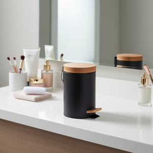 Seau cosmétique avec couvercle en bois et pédale pour le rangement du maquillage - Product Image 3