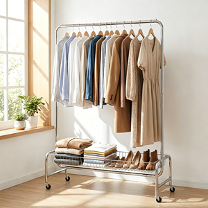 Double Rail Rolling Garment Rack With Wheels Heavy Duty Stainless Steel Clothes Hanging Stand For Retail Display Bedroom - Product Image 5