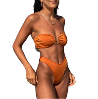 Ensemble de maillot de bain 2 pièces en satin ajouré de luxe, push-up, uni, coupe coquine, bandeau sans bretelles, grande taille, avec logo frontal
