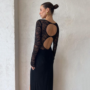 European American Cross Border Autumn Lace <b>Patchwork</b> Dress Women Slash Neck Full Sleeve Long <b>Skirt</b> Slit Fashion - Product Image 3