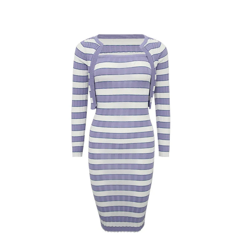 2023 Spring Fashionable Shoulder Pad Long Sleeve Women's V Neck Vintage Stripe Mini Slim Knit 2-Piece Dress