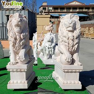 Giardino a grandezza naturale in marmo pietra scolpita statue di leone con palla - Product Image 2