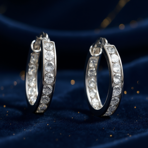 Orecchini a Cerchio in Oro Bianco Argento 925 con Cristalli e Strass Incastonati, Classici per l'Uso Quotidiano Femminile - Product Image 2