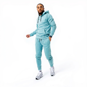 Chándal con Capucha Azul Claro para Hombre, de Color Sólido, Informal, con Bolsillos Laterales, Chándal con Efecto Desgastado - Product Image 1