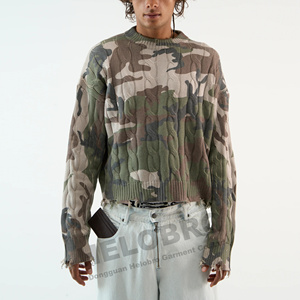 Suéter de punto de camuflaje de algodón de gran tamaño de invierno de fabricante personalizado, suéter de cuello redondo desgastado para hombre, suéteres de punto de camuflaje para hombre - Product Image 1