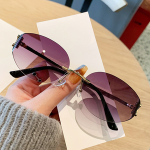 Frameless <b>Sunglasses</b> Women Oval Metal Frame UV400 PC Lens Black For Outings Driving Parties - Product Image 1
