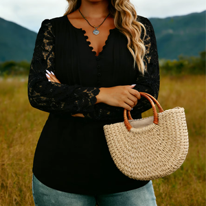 European Style Casual Lace <b>Long</b>-<b>Sleeved</b> Plus Size Women's Loose Fit Summer Shirt with Milk Fiber - Product Image 1