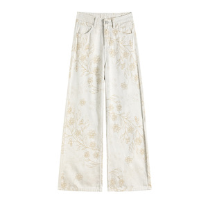 Pantalones casuales de mezclilla jacquard de nailon/algodón para <span class=keywords><strong>mujer</strong></span>, de cintura alta, pierna ancha, rectos, delgados, adelgazantes, novedad de verano 2026 (foto real) - Product Image 5