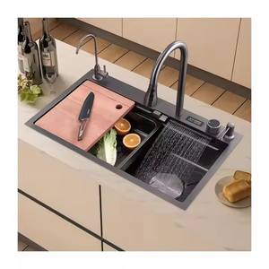 Couleur noire 304 acier inoxydable cuisine affichage numérique <span class=keywords><strong>raindance</strong></span> <span class=keywords><strong>cascade</strong></span> tasse laveuse <span class=keywords><strong>évier</strong></span> de cuisine intelligent pour la maison maison - Product Image 1