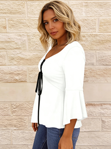 Blusa de Fibra de Leche para Mujer, Talla Grande, Color Blanco Sólido, Cuello en V, Mangas Acampanadas, Estilo Casual, Primavera, Verano, Otoño - Product Image 5