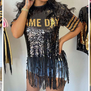Women's New Round Neck Short-sleeved Sequin Sexy Black and Gold Game Day Sequin Jersey T-shirt Jumper <strong>Top</strong> with Tassel Dress - Product Image 1