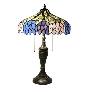 LongHuiJing 16 Inch Stained Glass Tiffany Table Lamp Purple Green Leaves Table Lamps