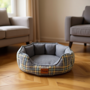 Cuccia per Animali Domestici in Lino Grigio a Quadretti con Design a Nido Quadrato a Sette Angoli - Product Image 3