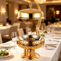 Plat de service de luxe doré 8L en acier inoxydable, chauffé à l'alcool, anti-blocage, rond, ajouré, avec contrôle manuel de la température, pour buffet