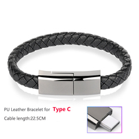 Kabel Data Pengisi Daya Portabel 22.5cm dari Kulit PU dengan Anyaman, USB ke Type C Micro USB-C, Kabel Gelang yang Dapat Dipakai