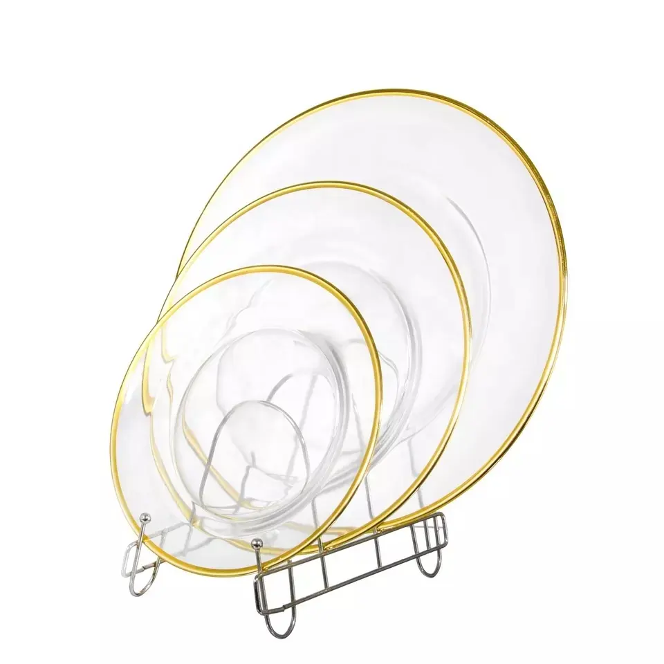 Round Clear Glass Fruit Dinner Plate Wholesale Elegant Serving Ware Custom 13 inch Wedding Charger Under Plates with Gold Rim