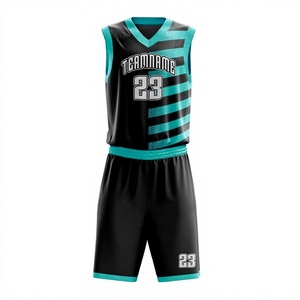 V-Neck Basketball Jersey Sleeveless Black Teal Solid Plaid Sublimated Moisture Wicking Polyester Elastic Waist Athletic Fit - Product Image 1