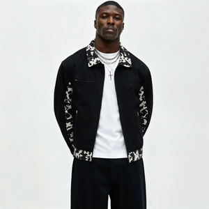 Veste en jean tendance pour homme, coupe courte, à revers, avec patchwork à pois de vache, fermeture éclair, imprimé lettres gothiques et poches, style décontracté - Product Image 5