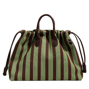 Sac fourre-tout patchwork en toile et cuir à rayures multicolores style rétro design avec cordon de serrage série épaule et sac à main pour femmes - Product Image 3