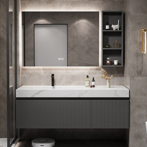 Smart Lighting Stone Slab Ceramic Seamless Integration One-Piece Basin Solid Wood Bathroom Cabinet - Product Image 1