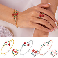 Meilleure vente Rose fleur ensemble de bijoux alliage émail réglable bracelet et bague minimaliste correspondant cadeau pour femmes filles tenue quotidienne