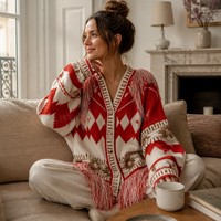 Cardigan grec à franges en acrylique tricoté, col châle, manches longues, grande taille, rouge et blanc, avec logo personnalisé, pour femme, chic et tendance, automne-hiver