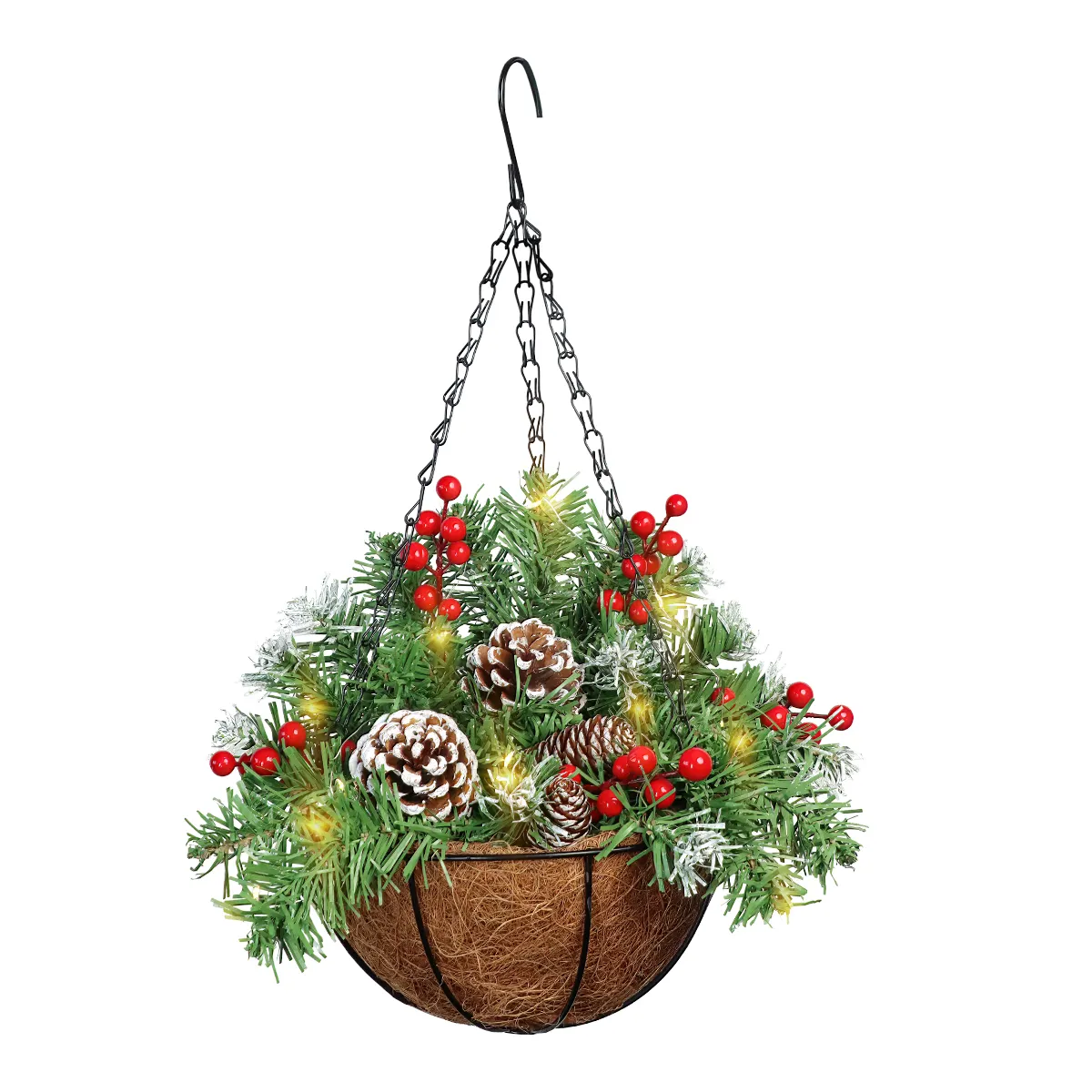 Artificial Basket for Christmas Hanging Basket With Frosted Pine Cones Berry Clusters Lights For Xmas Decoration