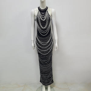 Robe longue noire élégante pour <span class=keywords><strong>femme</strong></span>, luxueuse et sexy, sans bretelles, dos nu, ornée de perles et de paillettes, décontractée, pour soirée et banquet - Product Image 3