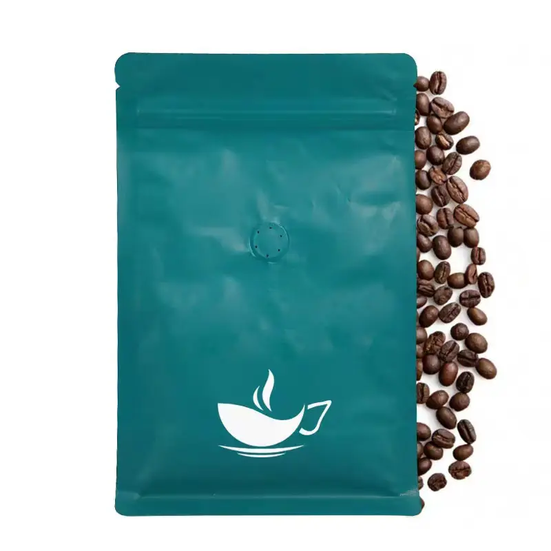Sac d'emballage de café compostable biodégradable à fond en bloc de qualité alimentaire imprimé personnalisé Pochette d'emballage à fermeture éclair avec valve en plastique