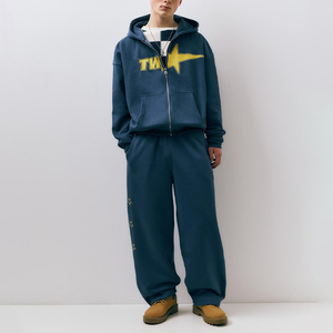 KingSen Custom Silk Screen Print Logo 100% Cotton 450gsm Winter Breathable Zip-Up Hoodie Sweatpants <b>Set</b> Men's Streetwear - Product Image 5