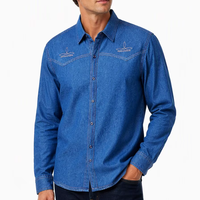 Kemeja Denim Biru Motif Bunga Pria Lengan Panjang Gaya Vintage Kancing Depan dengan Kerah Berkancing dan Detail Bordir di Dada untuk Musim Semi