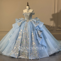 Xs313 Superbe Robe de Quinceañera Jancember, style robe de bal, bleu ciel, à épaules dénudées, avec collier ras-du-cou en cristal, strass épars et volants, à paillettes