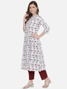 Women's Cotton Floral Hand Block Print A-Line Silhouette Party Kurti Set Mandarin Collar <b>Three</b> Quarter Sleeve Floor-Length - Product Image 4