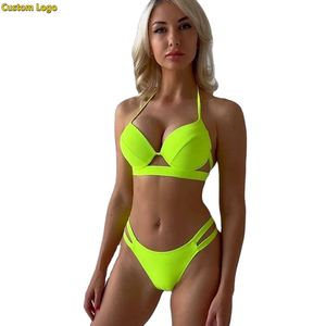 <span class=keywords><strong>Maillot</strong></span> <span class=keywords><strong>de</strong></span> <span class=keywords><strong>bain</strong></span> deux pièces vert fluo avec logo personnalisé, soutien-gorge triangle à armatures et bretelles spaghetti, <span class=keywords><strong>push</strong></span>-<span class=keywords><strong>up</strong></span>, coupe échancrée pour femme - Product Image 1