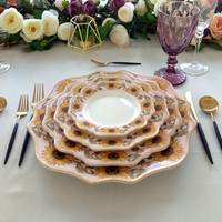 Ensemble d'assiettes en céramique pour mariage, bordure rose doré, motif tournesol, assiette de table, accessoire de photographie, vente en gros