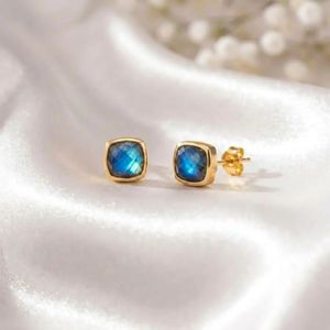Modern Labradorite Cushion Cut <b>Stud</b> <b>Earrings</b> Natural Blue Fire Gemstone In 925 Sterling <b>Silver</b> Or 18K Gold Filled Luxury Fine - Product Image 2