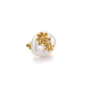 Fashion <b>Ring</b> With Gold Plated Flower Design White Pearl Stone <b>Adjustable</b> Band For Women Jewelry - Product Image 2