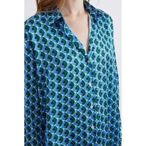 Camisa de Satén con Estampado Geométrico Azul, Blusa Casual con Botones para Mujer, Uso Diario - Product Image 2