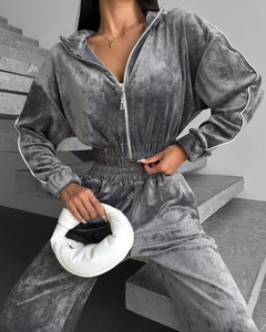 Ensemble décontracté haut de gamme pour femme : Crop Top et <span class=keywords><strong>pantalon</strong></span> large en <span class=keywords><strong>velours</strong></span> avec sweat à capuche zippé, 2 pièces en <span class=keywords><strong>velours</strong></span> 100% coton, idéal pour le fitness - Product Image 3
