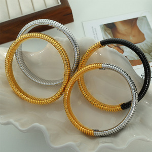 European American Vintage Style <b>Titanium</b> Steel Wide Bangle 12mm Color Block Elastic Snake Bone Hip Hop Bracelet Unisex Jewelry - Product Image 1