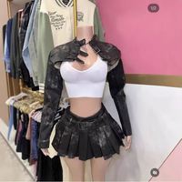 Ensemble jupe et veste en cuir PU de haute qualité pour femme, veste courte et jupe plissée, ensemble 2 pièces sexy vintage en cuir pour femme
