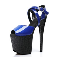 Chaussures de pole dance bleues brillantes à plateforme épaisse de 20 cm (8 pouces), talons hauts confortables et durables, sandales de danse sexy pour femmes