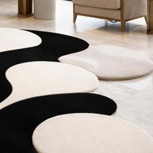 Black White Wool Abstract Area Rug Irregular Shape Hand Tufted Carpet Modern Artistic <b>Floor</b> Mat for Living Room Bedroom Decor - Product Image 6