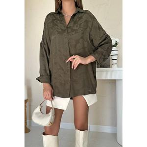 Wholesale Khaki <b>Satin</b> Asymmetric Button Down Shirt Women Casual Everyday <b>Blouse</b> - Product Image 2